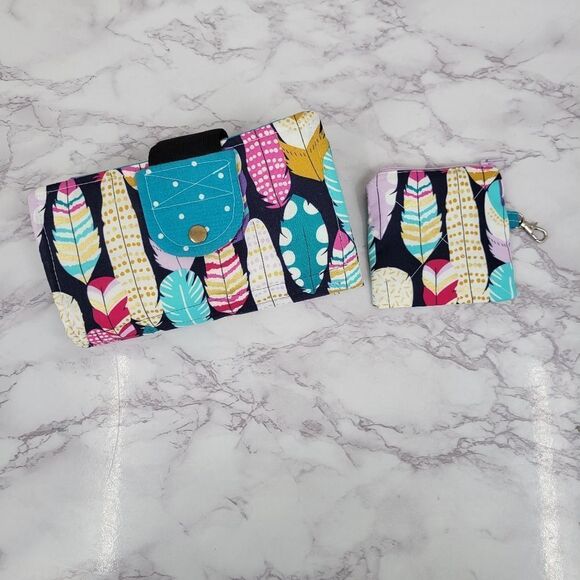 Handmade Colorful Feather Print Wallet Money Organizer Savings Set - Picture 2 of 15